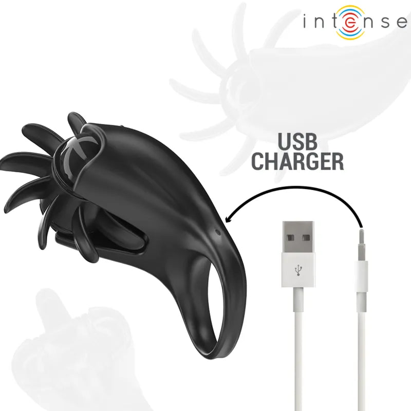Anneau vibrant silicone noir ergonomique, 10 modes, stimulation clitoridienne, étanche, rechargeable, moteur silencieux.