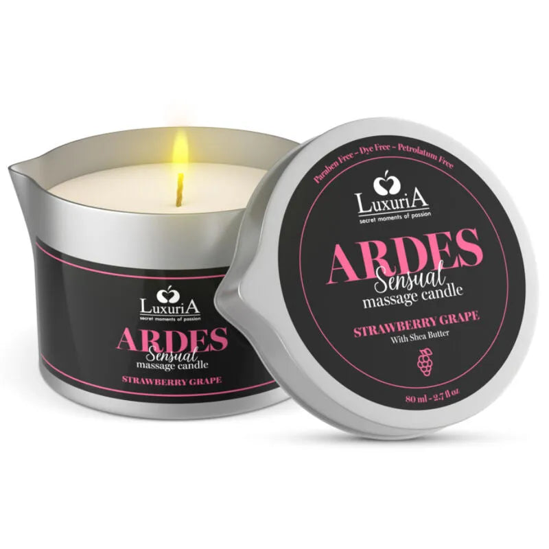 bougie massage sensuelle hydratante nourrissante karité raisin fraise enivrant naturel sans vaseline sans colorants huile tournesol vitamineA vitamineE antiage apaisant