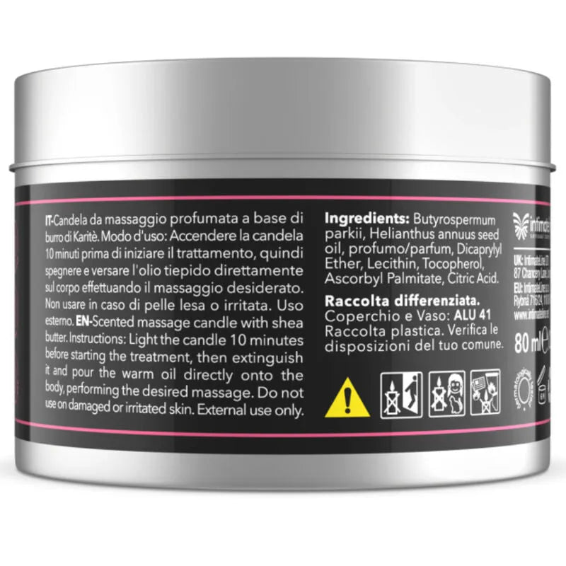 Bougie massage Luxuria Ardes, pot argenté, 80 ml, arômes raisin-fraise, beurre karité, hydratante et apaisante.