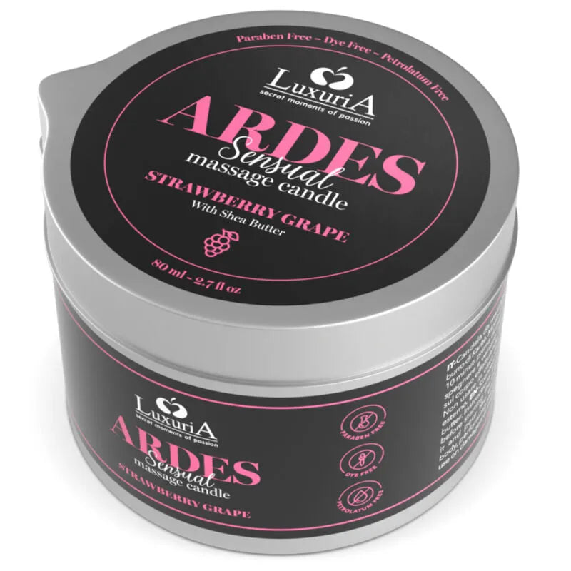Bougie massage Luxuria Ardes raisin fraise, pot argenté, étiquette noire et rose, beurre karité, détente sensuelle.