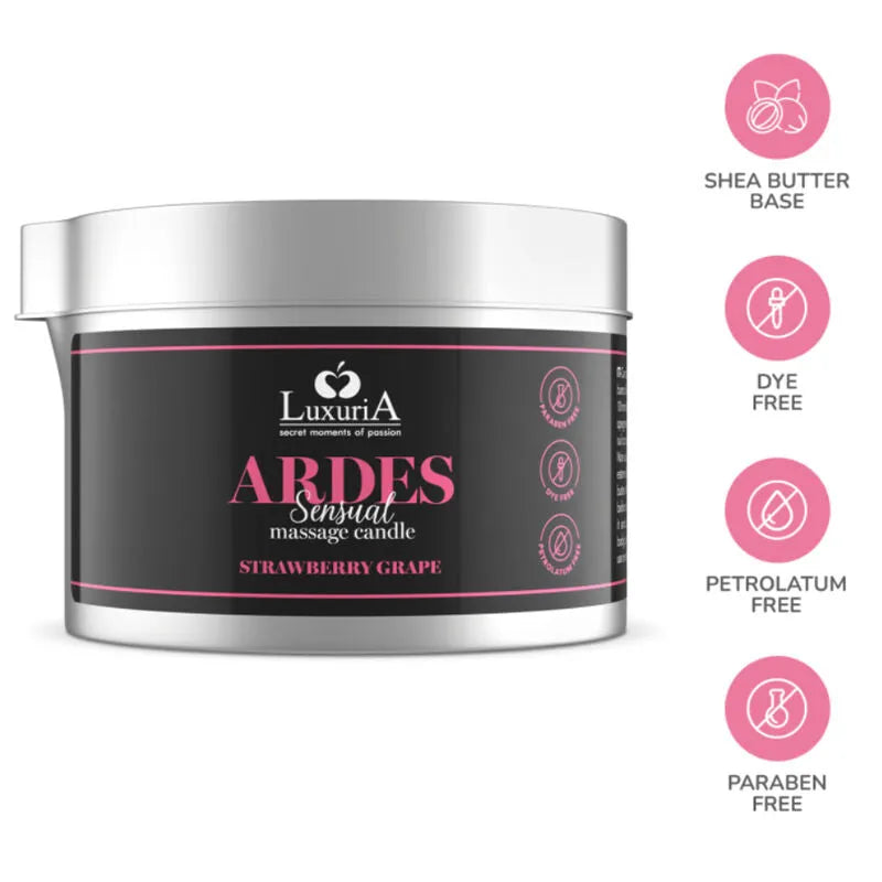 Bougie de massage Luxuria Ardes, pot argenté, étiquette noire et rose, raisin fraise, beurre karité, hydratante.