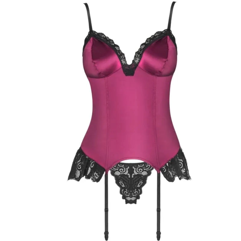 Ensemble lingerie corset bordeaux avec dentelle noire, élégant et sensuel, parfait pour une soirée romantique.