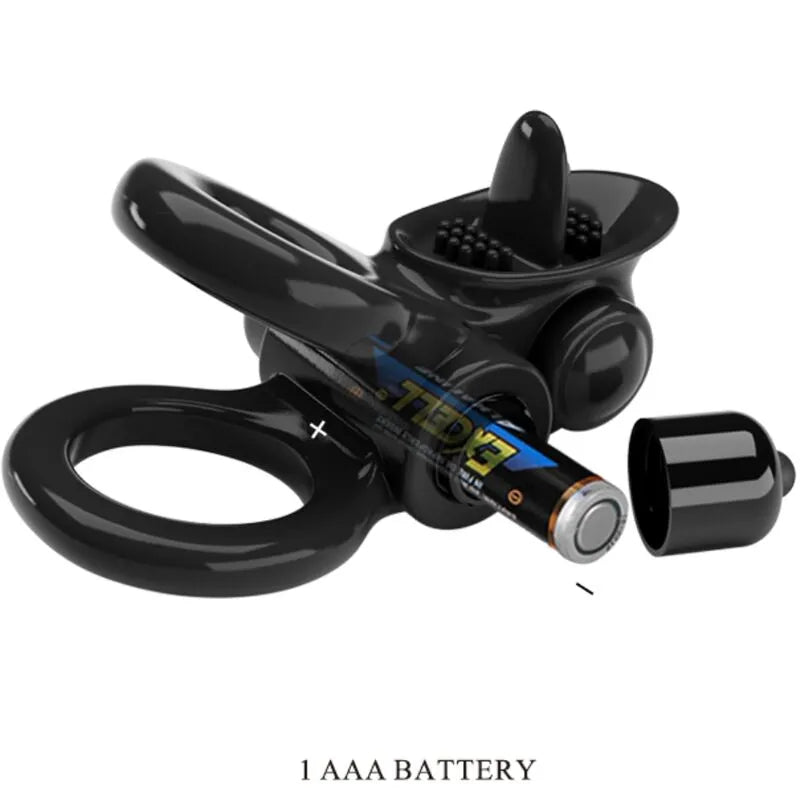 Anneau vibrant noir extensible avec stimulateur clitoridien en TPR, dix modes, pile AAA, pour érection prolongée.