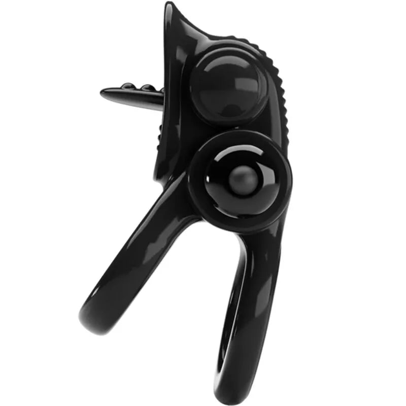 Anneau vibrant noir extensible avec stimulateur clitoridien en TPR, 10 modes de vibration, design ergonomique.