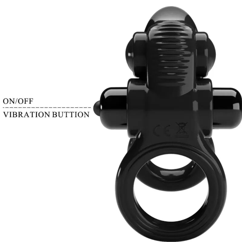 Anneau vibrant noir extensible avec stimulateur clitoridien en TPR, dix modes vibratoires, bouton ON/OFF visible.