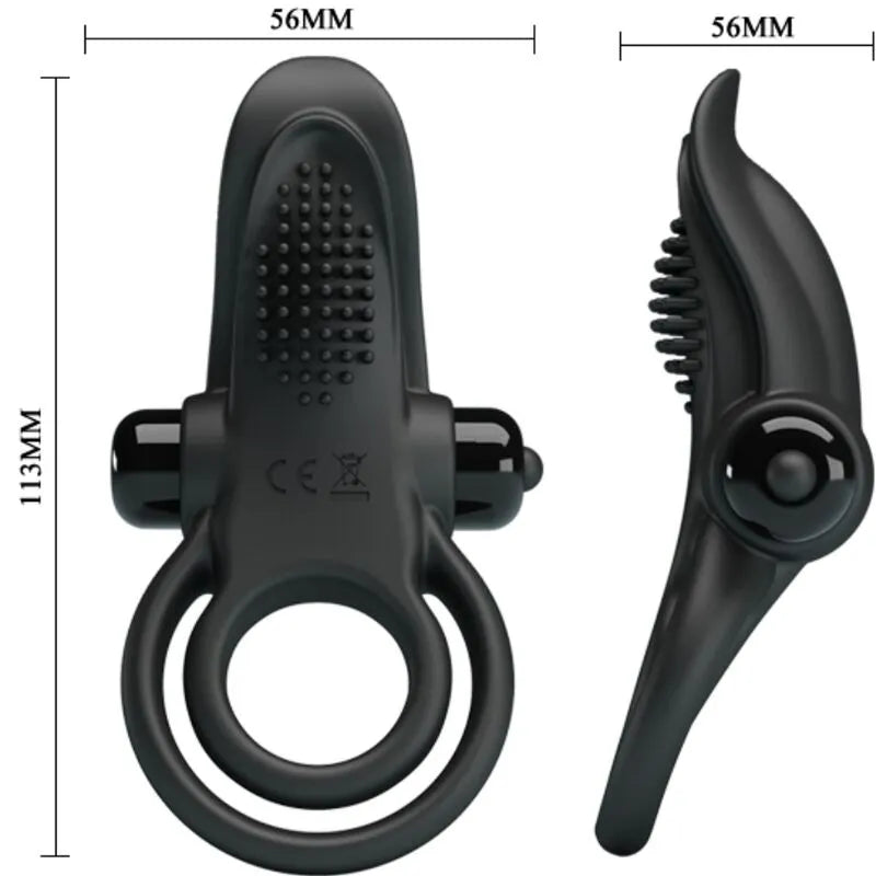 Anneau pénien vibrant noir en silicone, design ergonomique, 10 modes, stimulation intense, dimensions visibles.