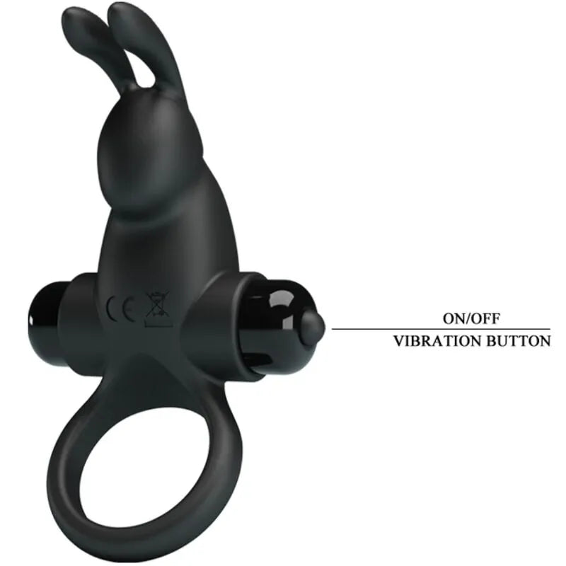 Anneau pénien vibrant noir en silicone, forme ergonomique avec oreilles, 10 modes, stimulation intense pour couples.