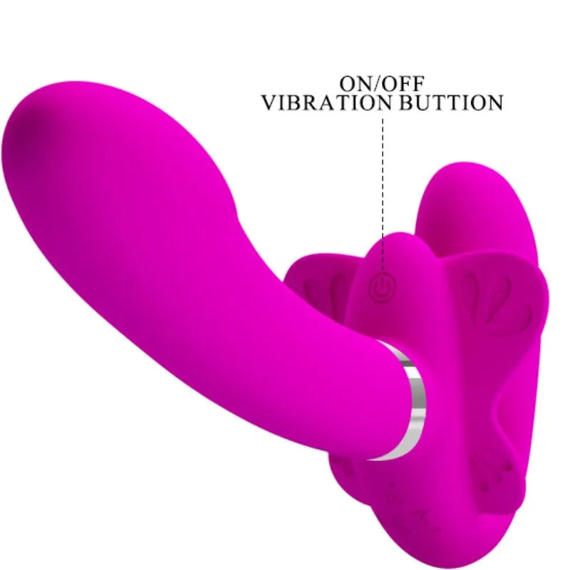 Gode-ceinture vibrant rose sans bretelles en silicone, design ergonomique, 12 modes, bouton on/off visible.