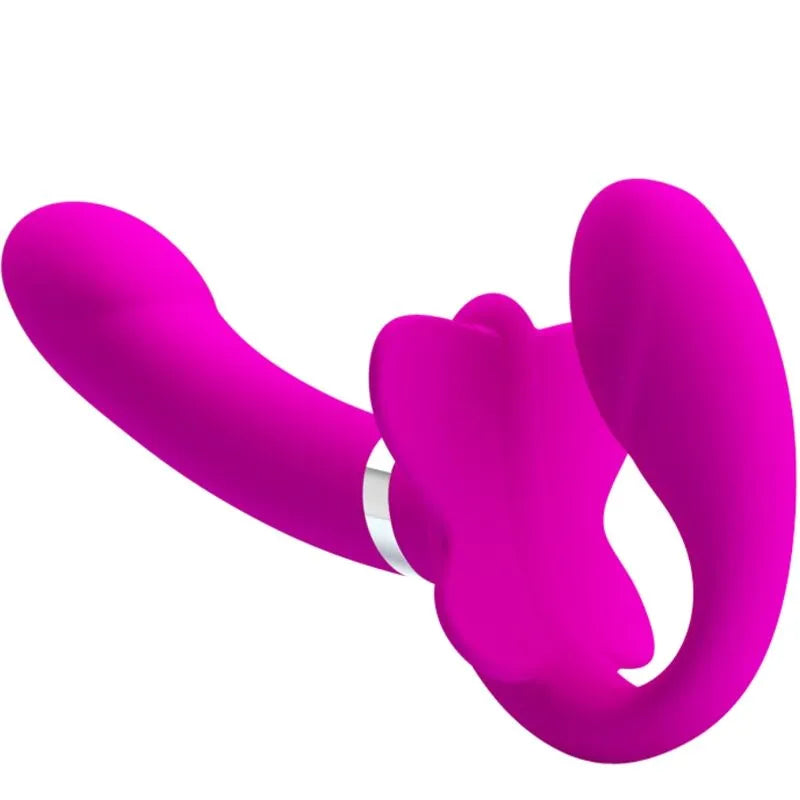 Gode-ceinture vibrant rose sans bretelles en silicone, design ergonomique, 12 modes de vibration, rechargeable.