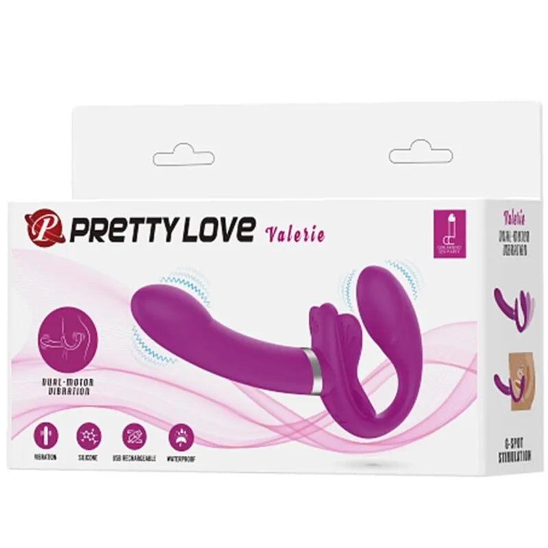 Gode-ceinture vibrant violet sans bretelles en silicone, 12 modes, rechargeable, sur fond blanc avec boîte illustrée.