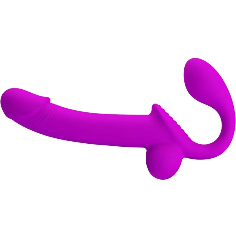 Gode-ceinture violet sans bretelles en silicone doux, hypoallergénique, étanche, stimulation double, réaliste et ergonomique.