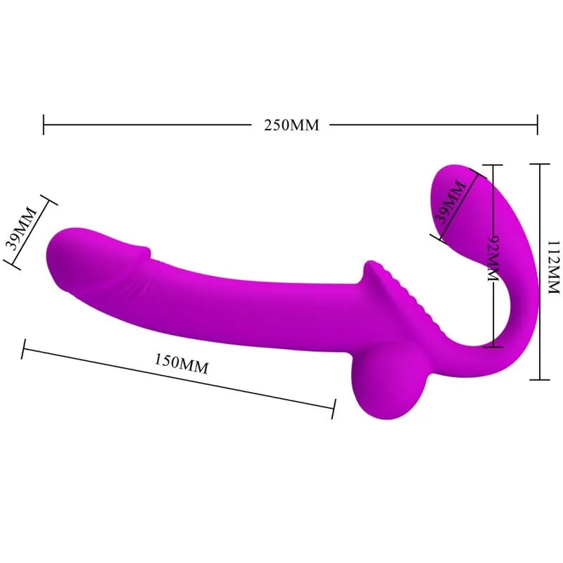 Gode-ceinture violet sans bretelles en silicone, forme ergonomique, stimulation double, étanche, dimensions visibles.
