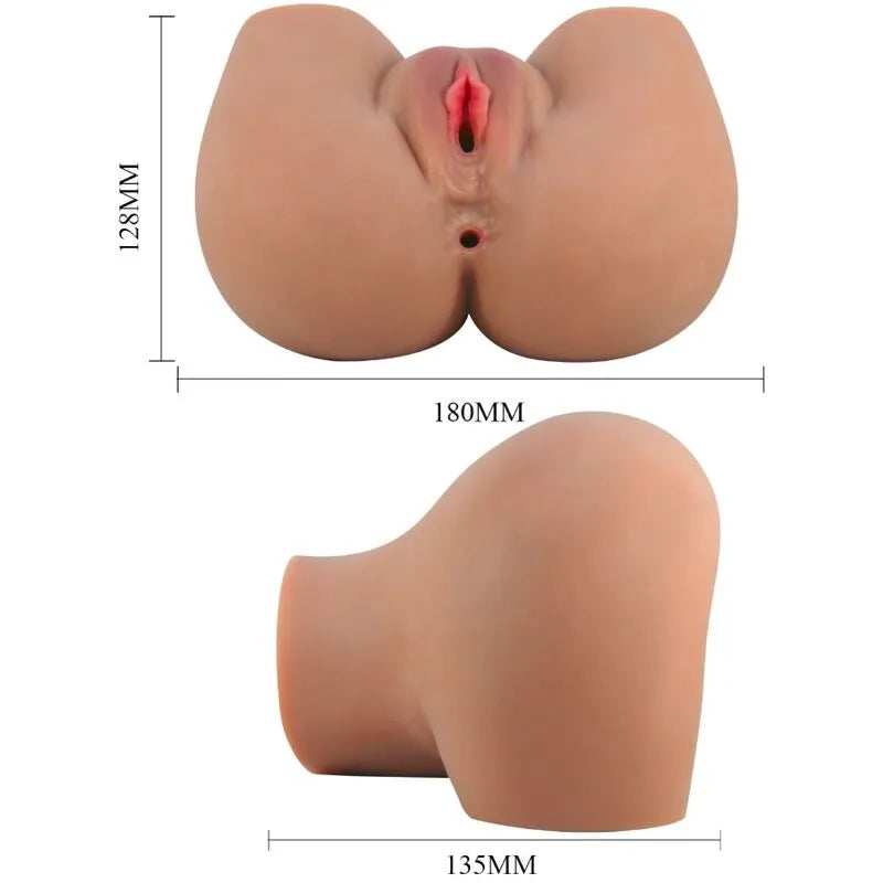 Masturbateur réaliste en silicone couleur chair avec vagin et anus, dimensions visibles, contrôle à distance inclus.