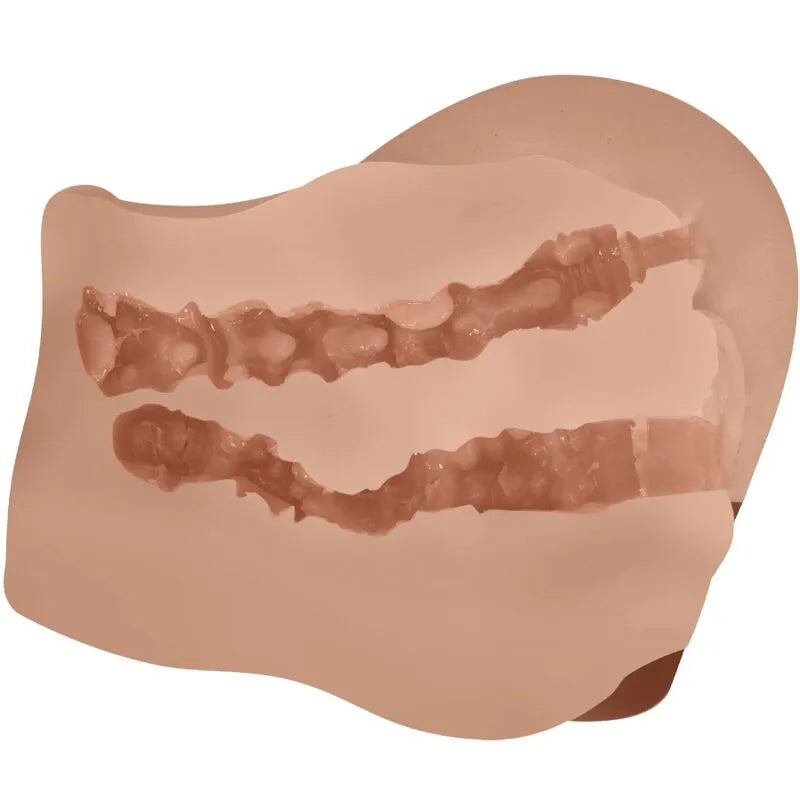 Masturbateur réaliste beige avec double entrée vagin-anus, texture interne détaillée, contrôle à distance inclus.