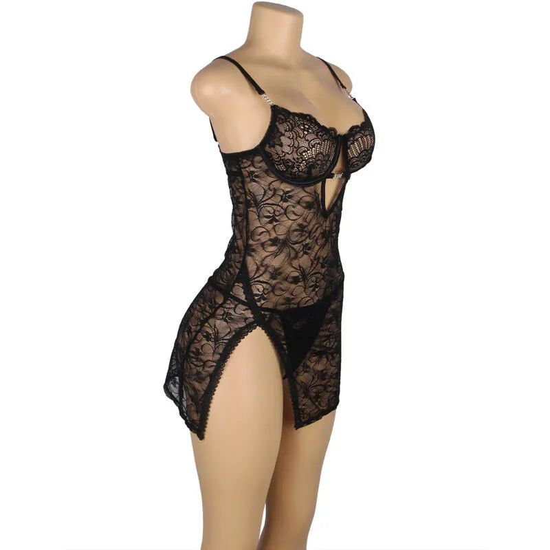 Babydoll en dentelle noire Subblime, bretelles réglables, grande taille, élégante et sexy pour femme.