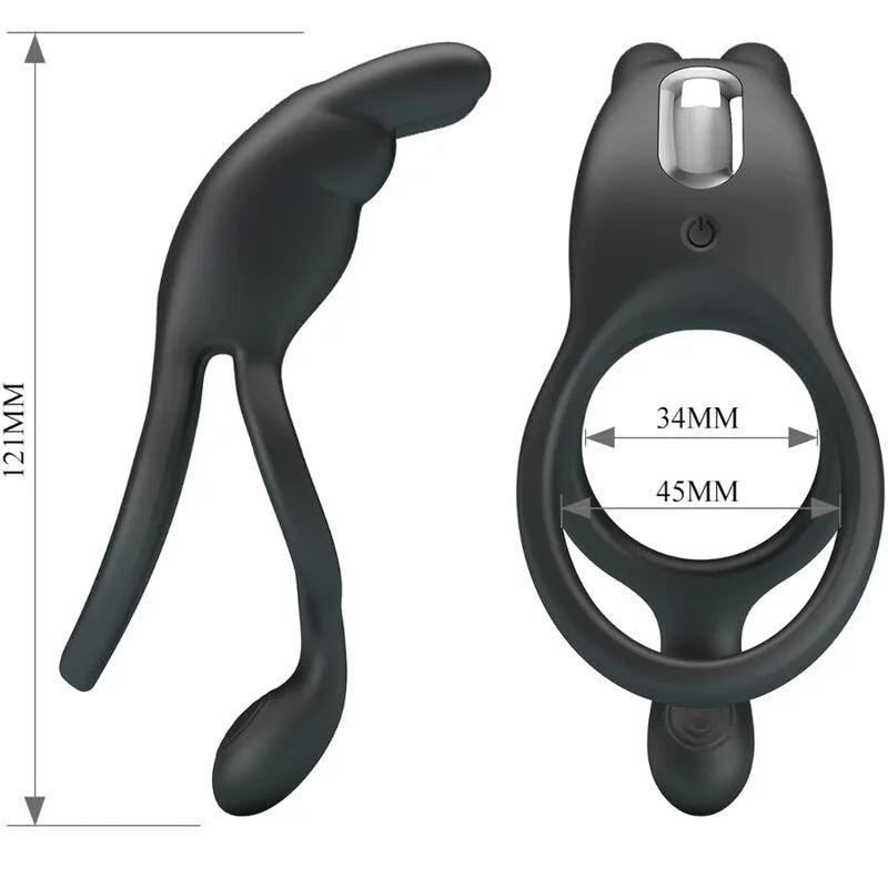 Anneau pénien vibrant noir en silicone, ergonomique, avec stimulateur clitoridien, rechargeable USB, étanche.