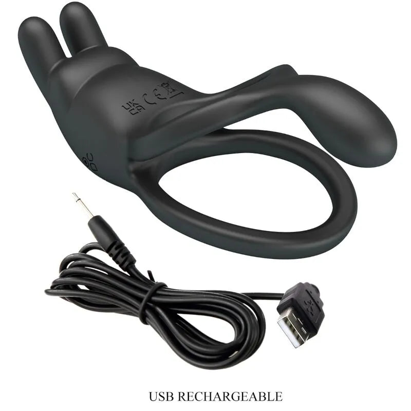 Anneau pénien vibrant noir en silicone, forme ergonomique, avec câble USB, pour stimulation et retardement éjaculation.