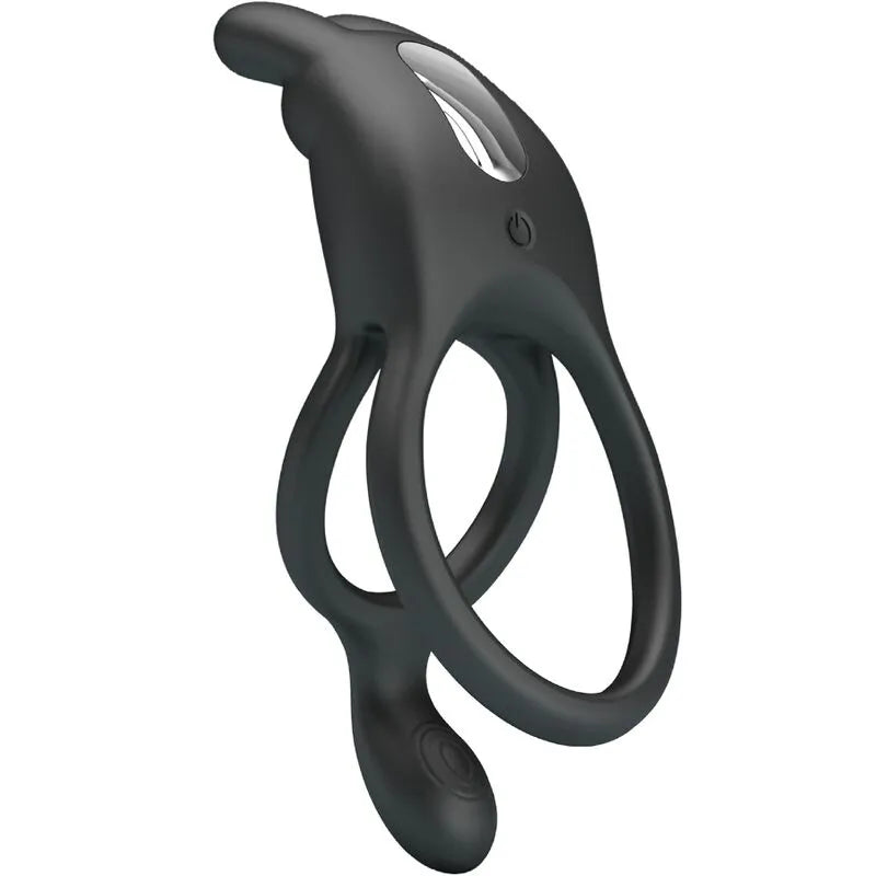 Anneau pénien vibrant noir en silicone, design ergonomique avec stimulation clitoridienne, rechargeable USB, étanche.
