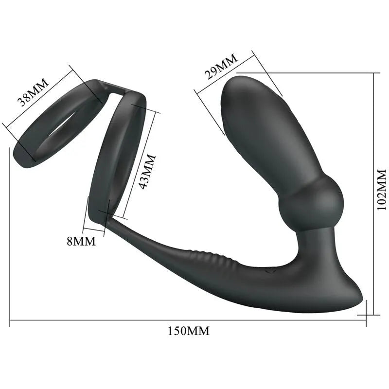Anneau pénien vibrant noir avec plug anal en silicone, 12 modes, design ergonomique, dimensions visibles, USB rechargeable.