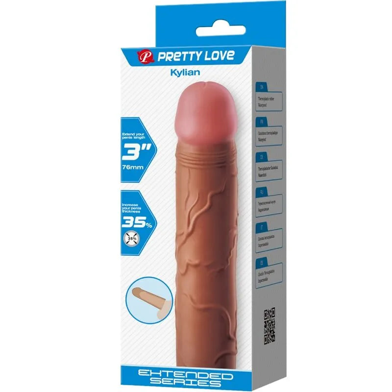 Extenseur pénis réaliste veiné texturé brun 76mm TPR, bulbeuse, étanche, emballage bleu et blanc avec détails produit.