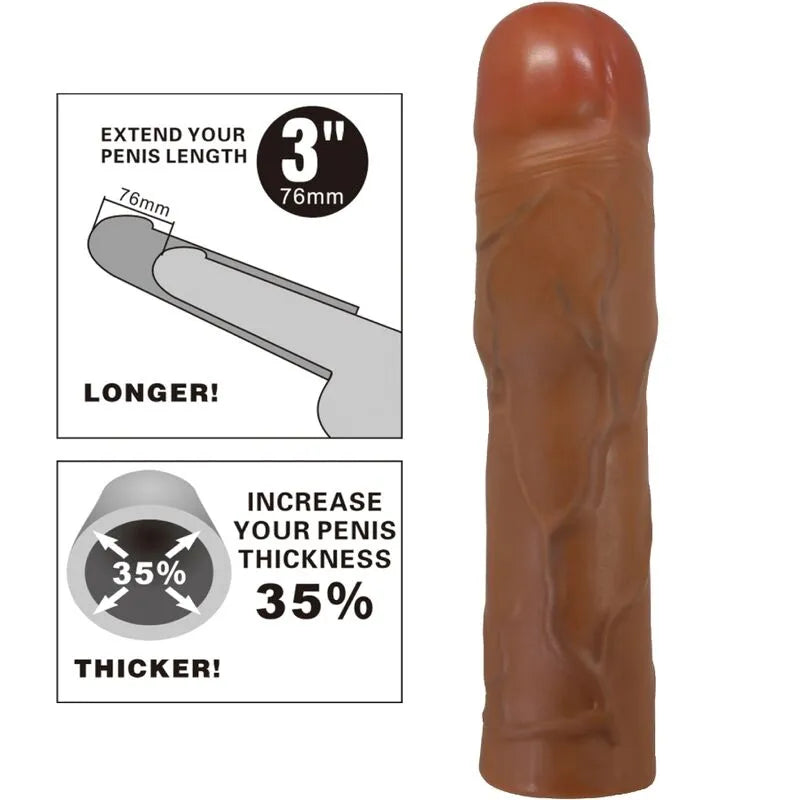 Extenseur pénis réaliste veiné brun 7,6 cm TPR, texture bulbeuse, augmentation longueur et circonférence, étanche.