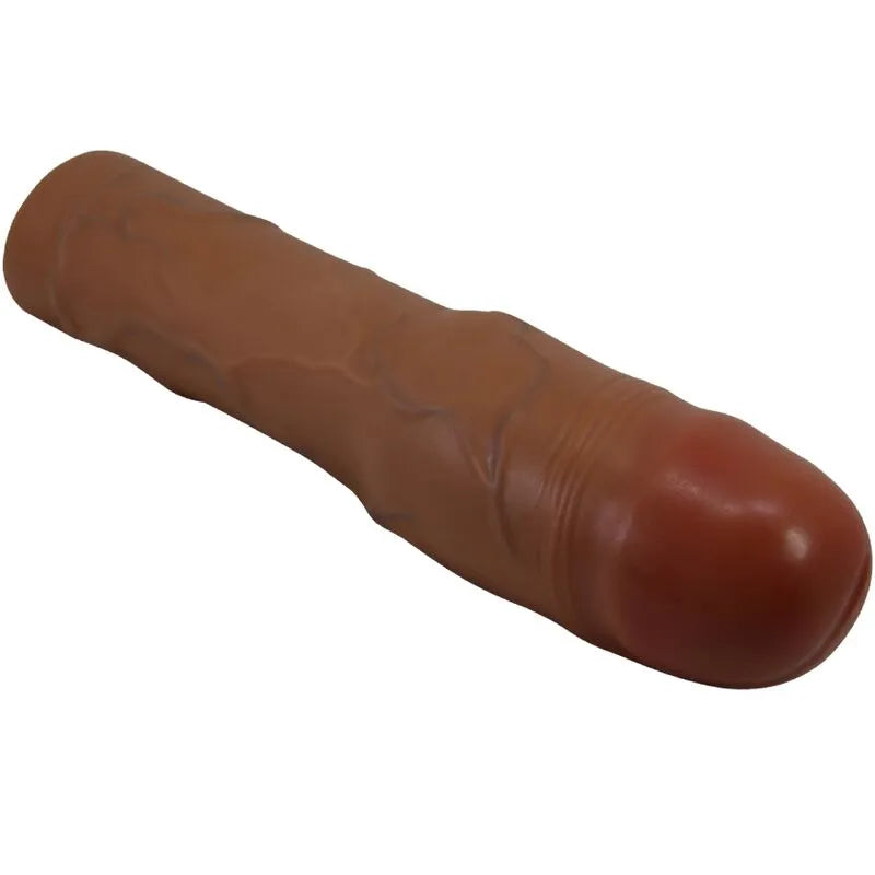 Extenseur pénis réaliste texturé veiné marron TPR, 7,6 cm, augmentation circonférence 35 %, étanche.
