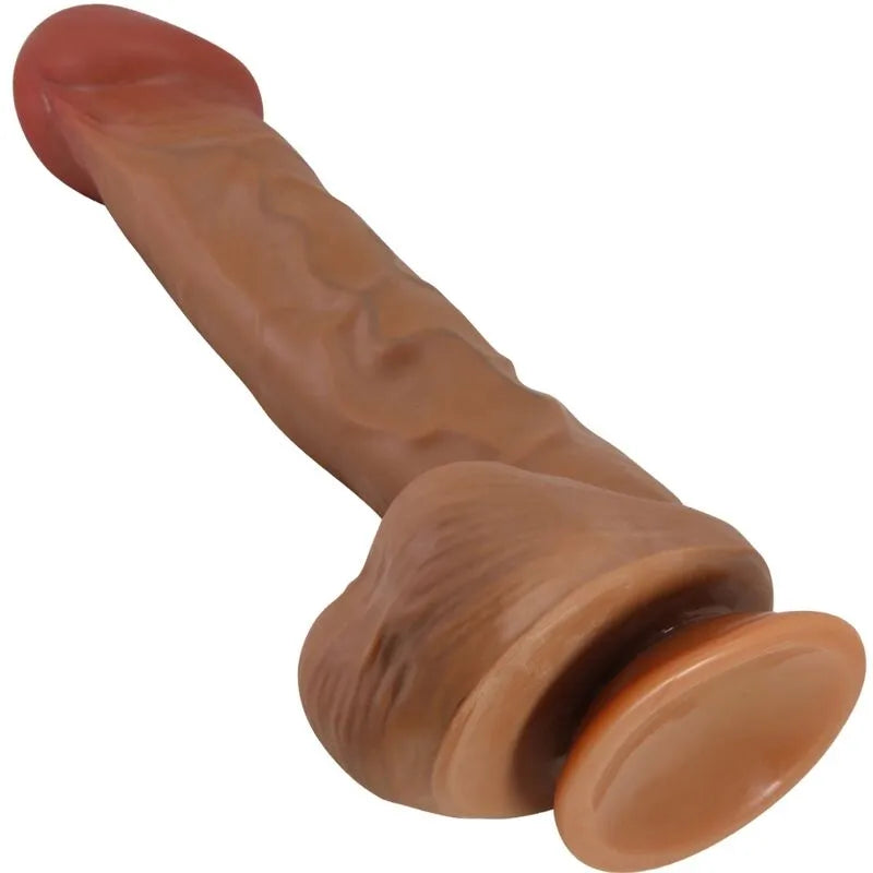 Gode réaliste courbé chair 26 cm avec texture veinée, ventouse puissante pour stimulation point G, étanche et flexible.
