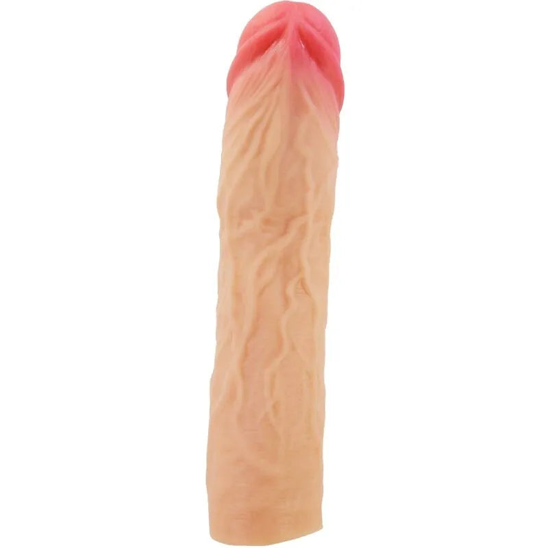 manchon pénis réaliste thermoplastique texturé veinée tête bulbeuse extension sept virgule six centimètres étanche flexible confortable compatible taille standard