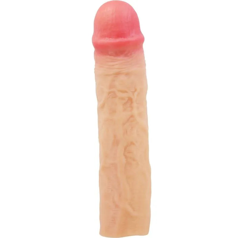 manchon pénis réaliste thermoplastique texturé veinée tête bulbeuse extension sept virgule six centimètres étanche flexible confortable compatible taille standard