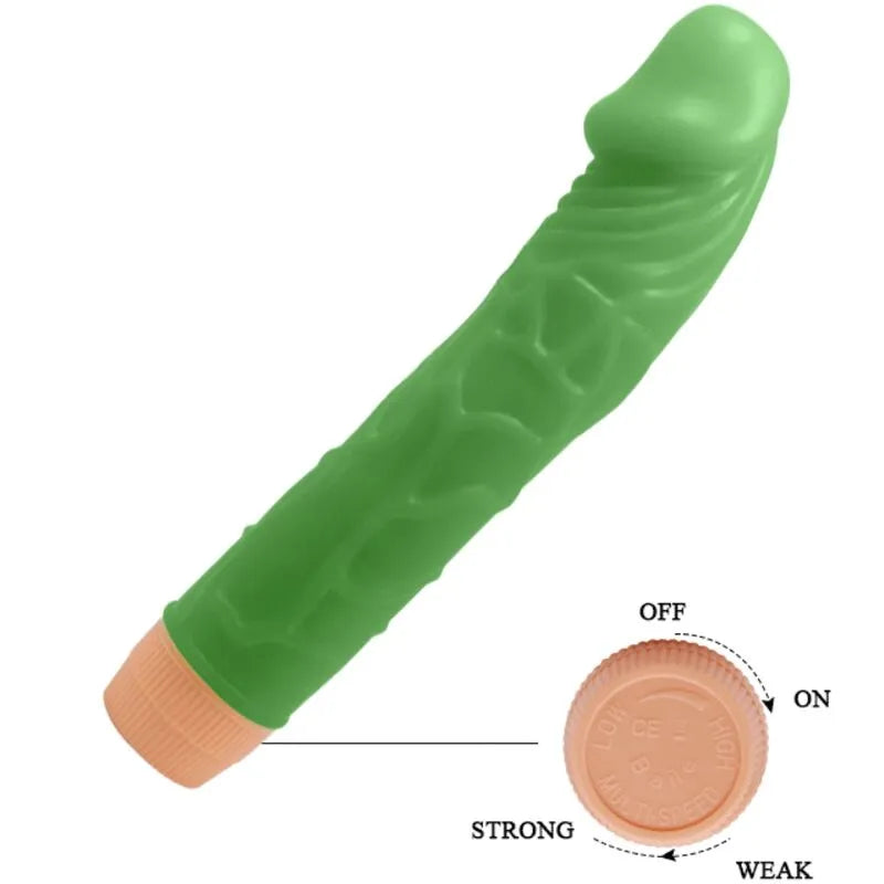 Vibromasseur réaliste vert 22cm, texture veinée, TPR doux, puissant, élégant, autonomie piles, plaisir intense.