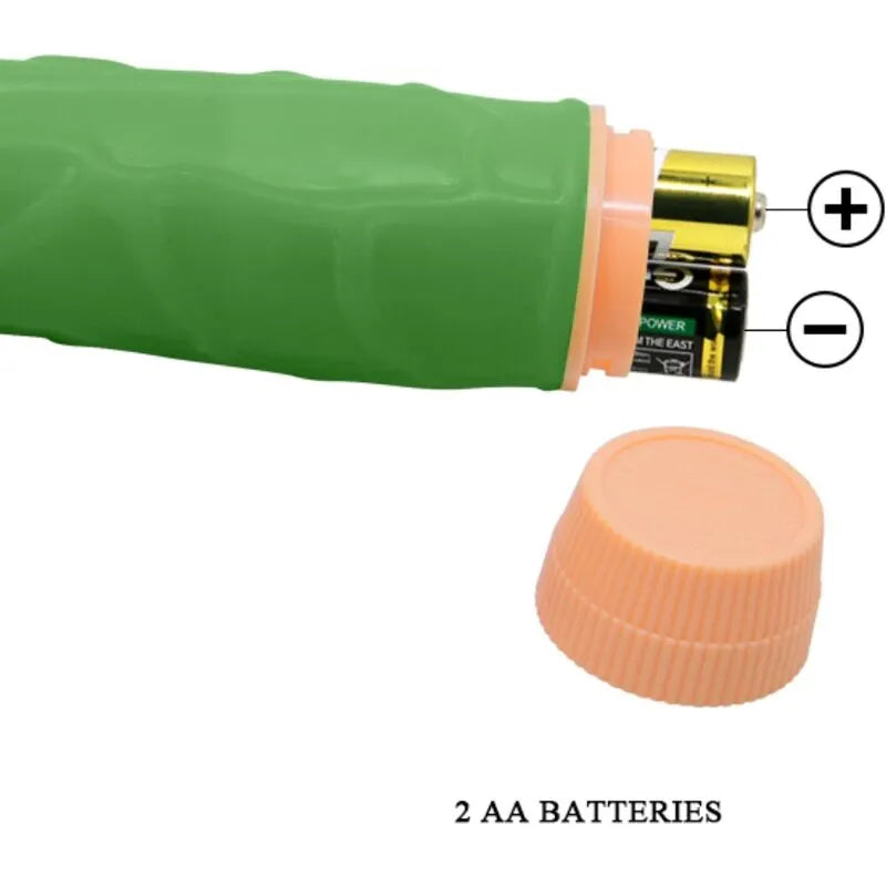 Vibromasseur vert réaliste veinée 22cm, texture douce TPR, compartiment piles, puissant, élégant, plaisir intense.