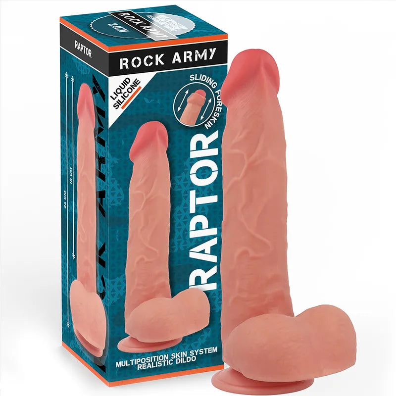 gode réaliste silicone liquide hypoallergénique ventouse Rockarmy Raptor vingt quatre centimètres étanche double densité compatible harnais