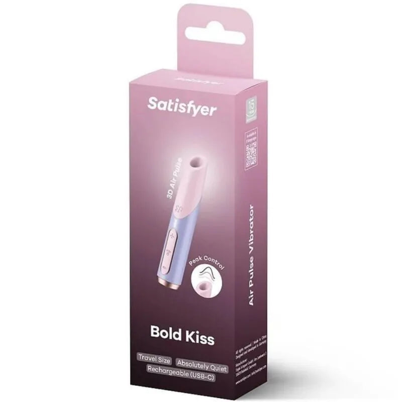 Stimulateur clitoridien Satisfyer Bold Kiss Wave, mini, sans fil, silicone doux, 3 vitesses, 10 modes, format voyage, rose/violet, discret, sextoy