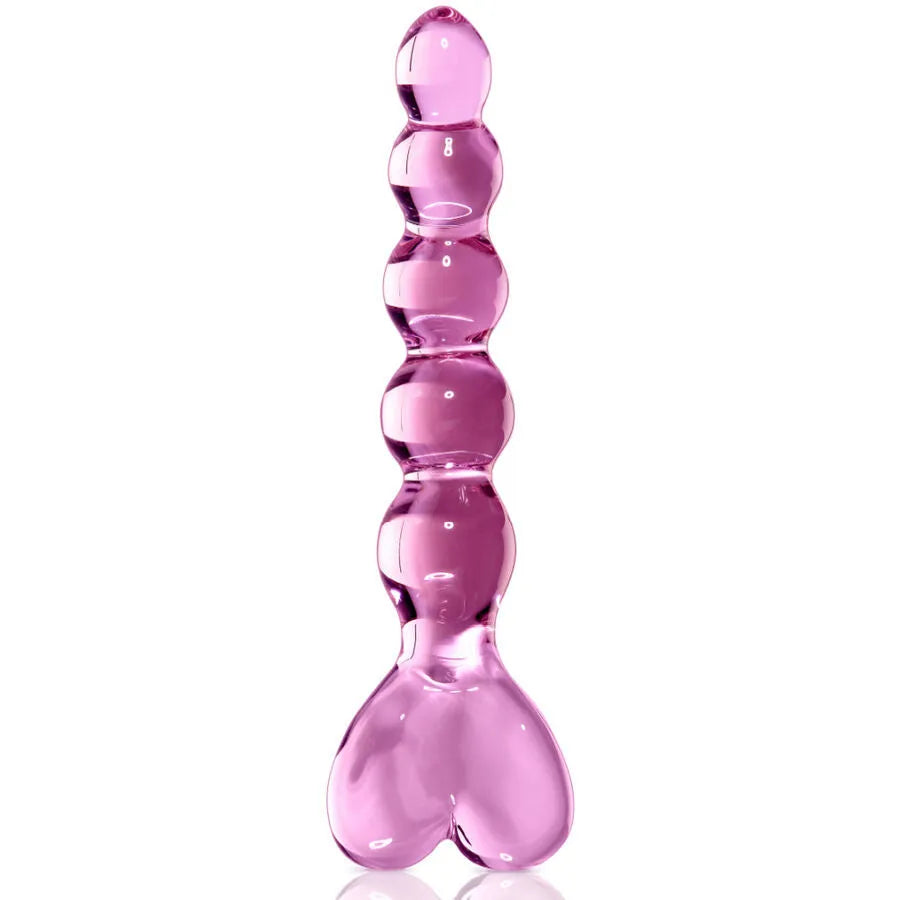 masseur verre rose transparent perles sphériques stimulation progressive ergonomique base coeur borosilicaté hypoallergénique non poreux lubrifiants températures sensations