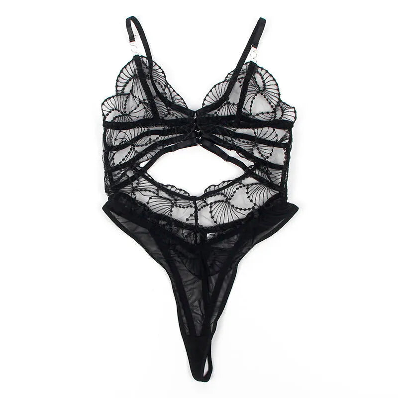 Body dentelle noire transparent, design creux, élégant et sensuel, polyester élasthanne, ajustable et raffiné.