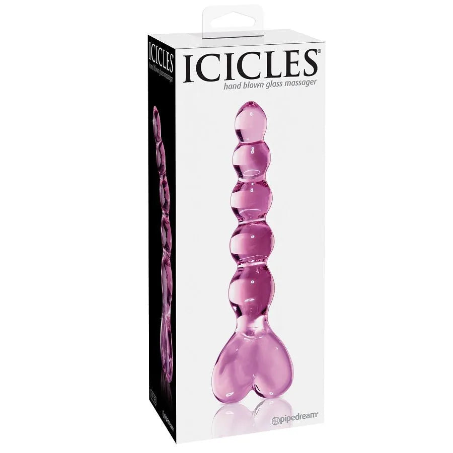masseur verre rose transparent perles sphériques stimulation progressive ergonomique base coeur borosilicaté hypoallergénique non poreux lubrifiants températures sensations
