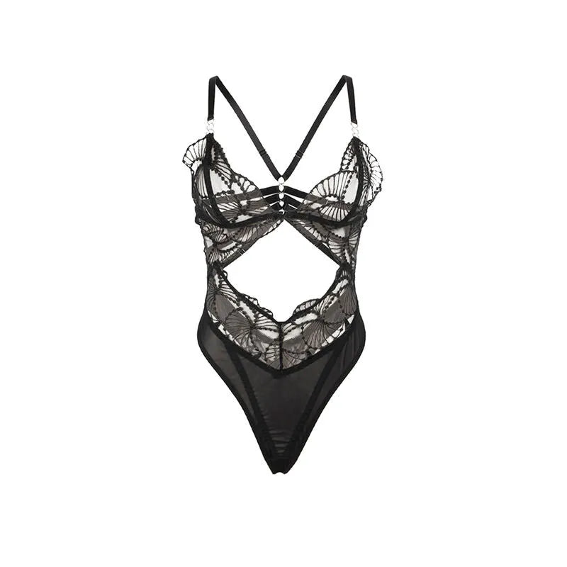 Body dentelle noire sexy avec découpes creuses, transparence élégante, ajustement parfait, polyester élasthanne.