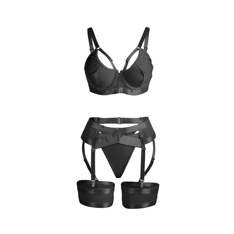 Ensemble lingerie noir avec porte-jarretelles, soutien-gorge ajustable, design bondage, élégant et sensuel.