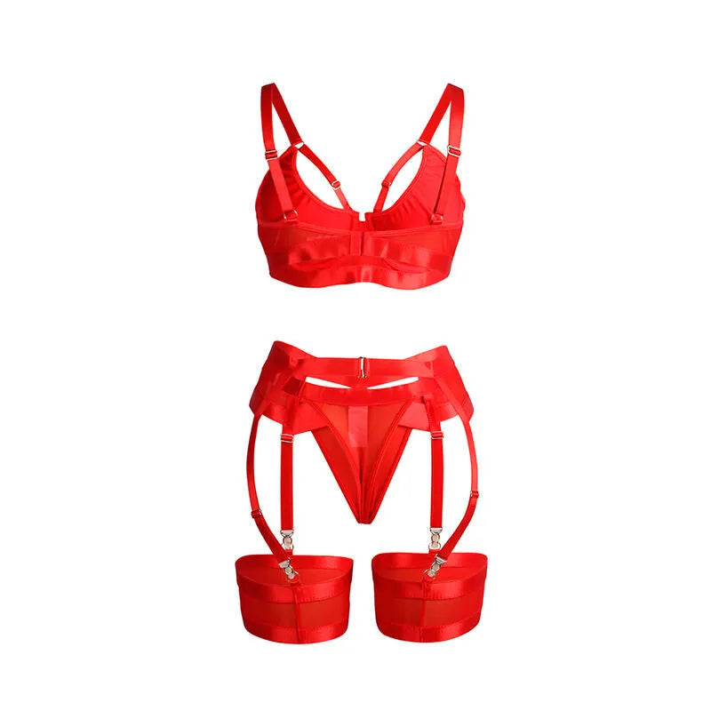 Ensemble lingerie rouge bondage avec porte-jarretelles et soutien-gorge ajustable, design sensuel et sophistiqué.