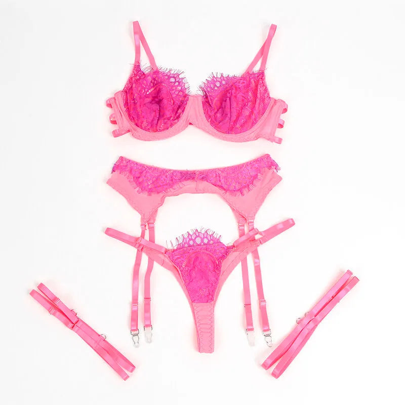Ensemble lingerie dentelle rose épissée, soutien-gorge et culotte, design moderne, ajustement confortable, polyester élast...
