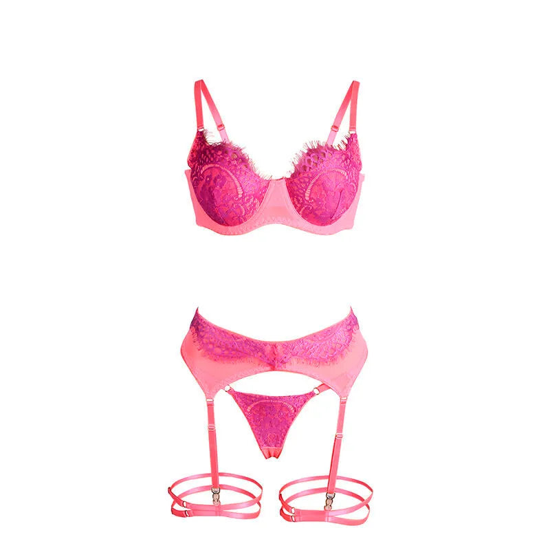 Ensemble lingerie dentelle rose épissée, soutien-gorge et culotte, design moderne, ajustement confortable, polyester élast...