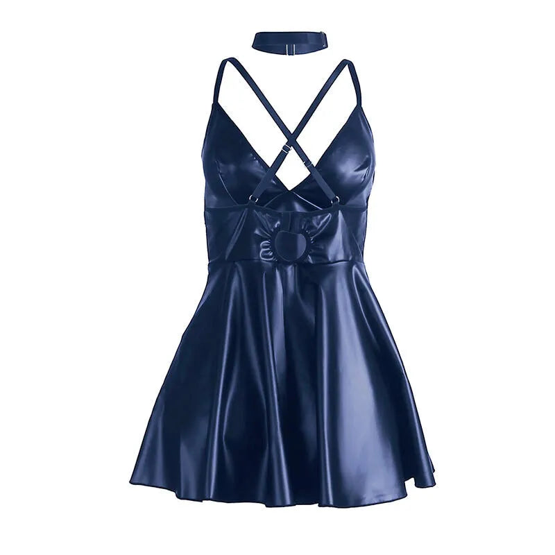 Chemise de nuit bleu vif satinée, bretelles réglables, simili cuir, élégante et moulante, taille LXL, moderne et sensuelle.