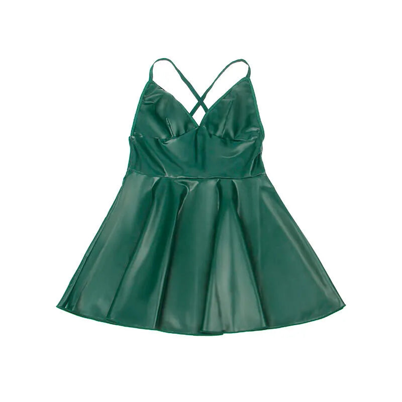 Chemise de nuit verte en cuir PU brillant, bretelles réglables, ajustée, élégante et sensuelle, style glamour.