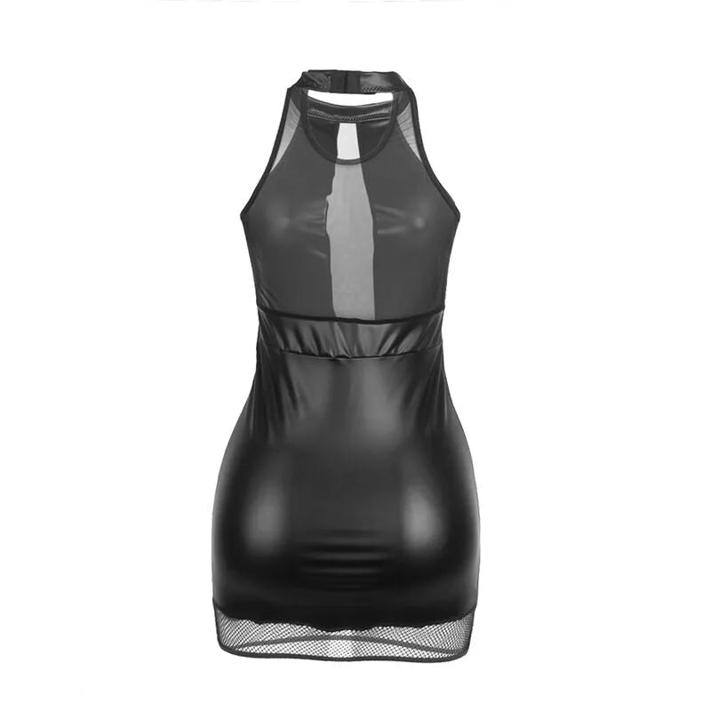 Ensemble lingerie noire col licou similicuir maille transparente, design sensuel et élégant, grande taille disponible.
