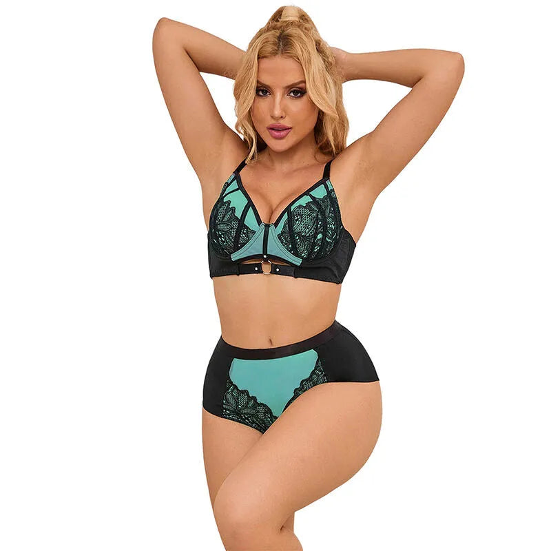 ensemble lingerie dentelle maille verte rembourré soutiengorge balconnet sensualité élégance séduction romantique sophistiqué confortable extensible polyester élasthanne taille S M