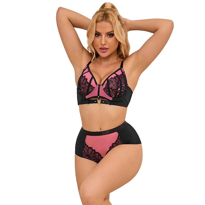 ensemble lingerie dentelle résille rose soutiengorge rembourré décolleté sublimant délicate romantique séduisante féminine confortable extensible légère sculptante tailleSM