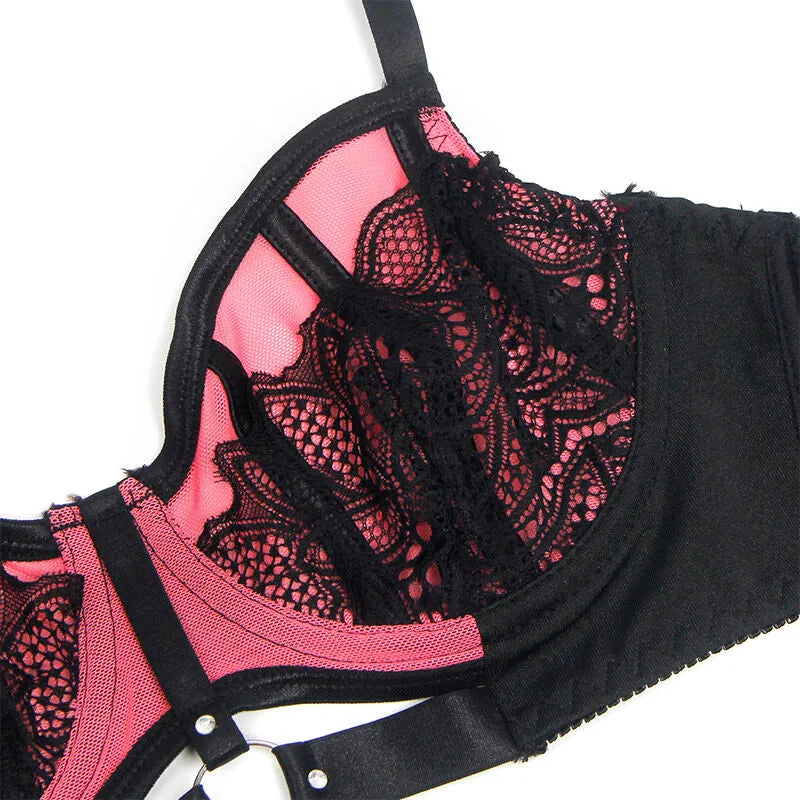 Ensemble lingerie rose en dentelle résille, soutien-gorge push-up, design séduisant et confortable, taille SM.