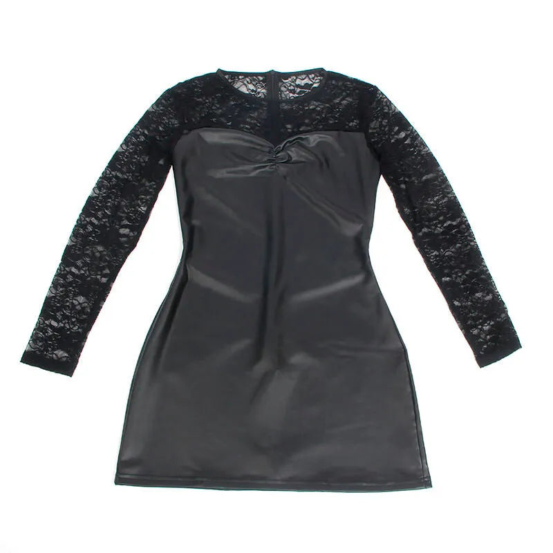 Chemise de nuit noire en cuir synthétique, dentelle sur manches longues, ajustée et élégante pour une allure séduisante.