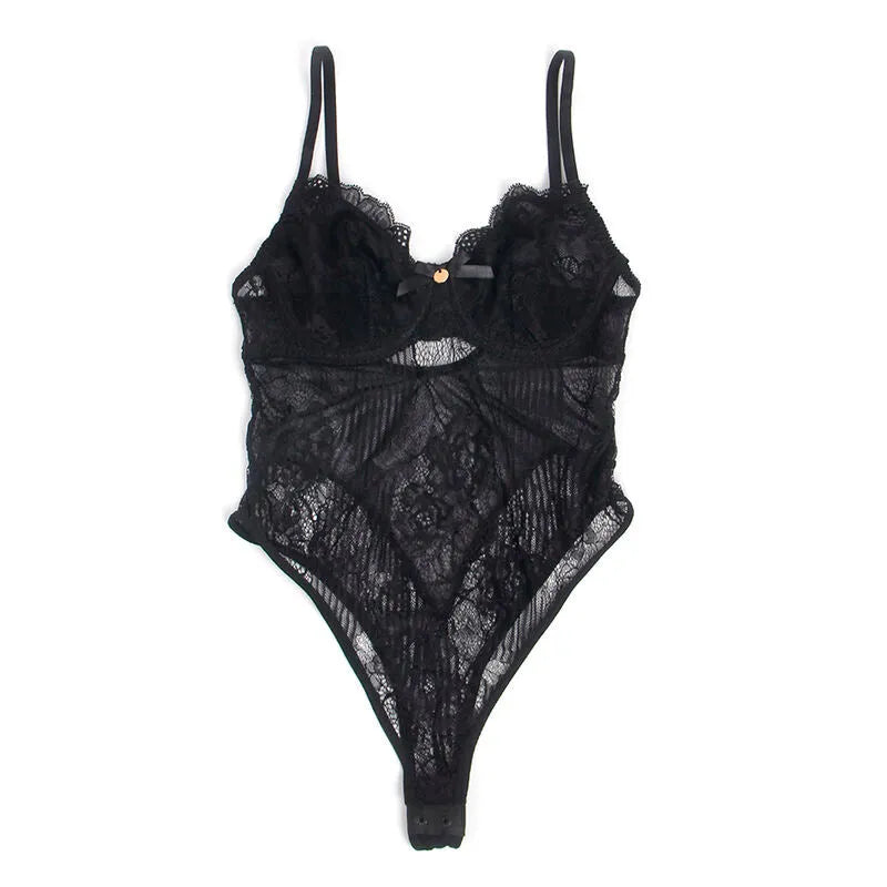 Body dentelle noire push-up, design floral, entrejambe ouvert, élégant et sensuel, nylon élasthanne, glamour.