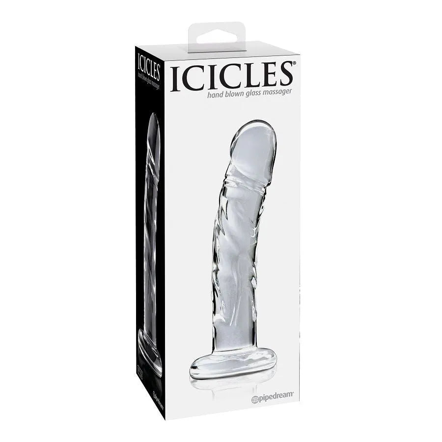 Gode en verre borosilicate transparent, veineux, courbé, avec poignée ergonomique, dans un emballage élégant.